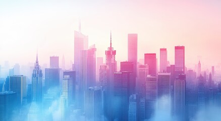 Fototapeta premium Serene Cityscape at Dawn with Soft Hues of Pink and Blue Over Urban Skyline Shrouded in Gentle Mist and Cloud, Capturing the Essence of a Tranquil Morning in Metropolitan Area