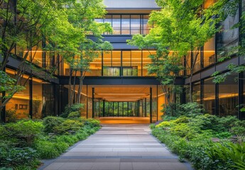 Serene Modern Architecture with Lush Greenery in an Urban Setting, Showcasing Tranquil Pathway and Floor-to-Ceiling Windows Surrounded by Nature