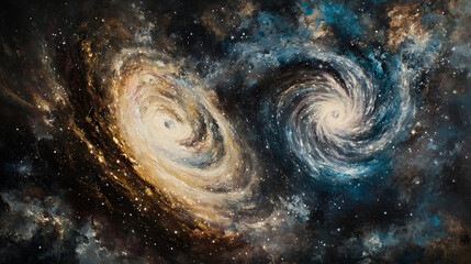 A cosmic-inspired abstract with swirling galaxies of blue, purple, and silver tones accented by specks of white resembling stars 