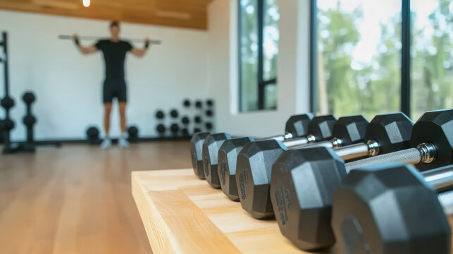 Fitness enthusiast lifting dumbbells in well equipped gym, showcasing strength and determination. focus is on weights, emphasizing healthy lifestyle and workout routine