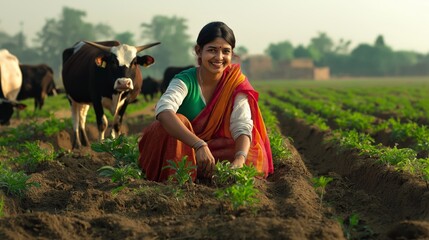 Young asian female farmer smiling in field with cows amidst lush crops