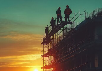 Silhouette of Construction Workers on Scaffolding Against a Stunning Sunset Sky in Urban Landscape Showcasing Hard Work and Building Progress
