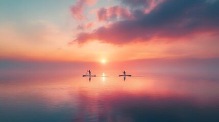 Two Paddleboarders Silhouette at Sunset on Calm Water