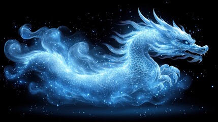 Glowing blue dragon, fantasy creature.