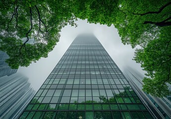 Skyscraper Surrounded by Lush Green Trees Under Foggy Sky, Capturing Modern Architecture Blending with Nature and Urban Environment in Cityscape
