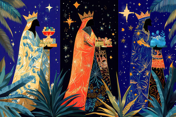 Fototapeta premium Die Heiligen Drei Könige in prachtvollen Gewändern – Künstlerische Darstellung mit Sternenhimmel, The Three Wise Men in Magnificent Robes – Artistic Depiction with Starry Sky