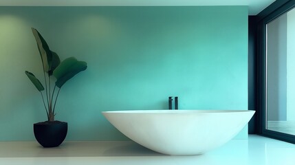 Fototapeta premium Modern minimalist bathroom with elegant freestanding bathtub and green accent wall