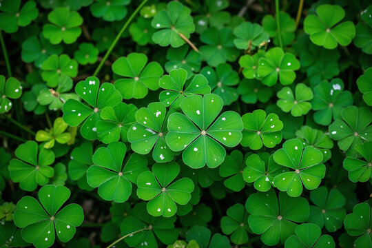 Lush green clover field with heart shaped leaves and markings