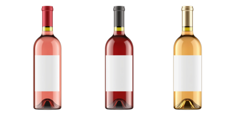 a 3 wine bottles with blank labels isolated on a transparent background 