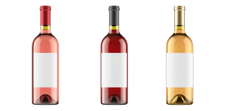 a 3 wine bottles with blank labels isolated on a transparent background 