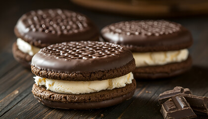 Ice cream with chocolate and cream sandwich cookies. Cookies and cream homemade ice cream dessert on dark wooden background