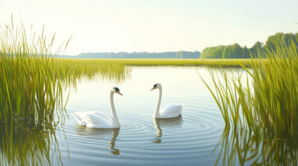 Obraz premium Tranquil wetlands with calm water, reeds, and two swans gracefully swimming create serene atmosphere. lush greenery and gentle ripples enhance peaceful scene