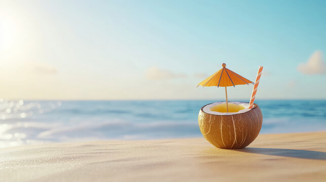 Tropical cocktail served in coconut shell with straw and umbrella, set against serene beach backdrop. Perfect for summer vibes and relaxation by ocean