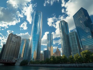 Fototapeta premium Stunning Urban Skyline with Tall Glass Buildings Against a Bright Blue Sky and Fluffy White Clouds Reflecting Natural Light over a Vibrant Cityscape