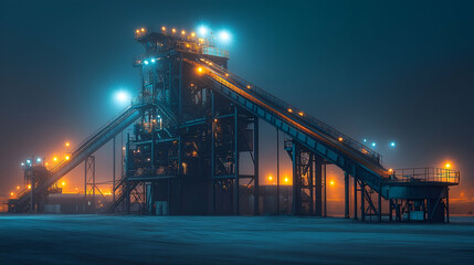 Nighttime industrial conveyor, processing plant
