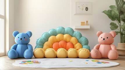 Plush bears flank rainbow cushion in bright playroom, toys scattered on rug