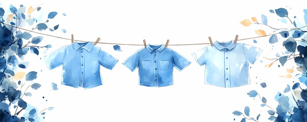 Blue shirts drying on line, leaves background
