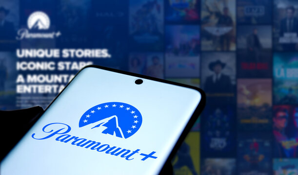 Dhaka, Bangladesh- 18 Jan 2025: paramount logo is displayed on smartphone. Paramount+ is an American subscription video on-demand company.