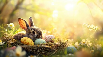 Cute baby Easter rabbit resting in a nest surrounded by colorful Easter eggs in a sunlit garden