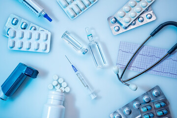 Medication, syringe and stethoscope