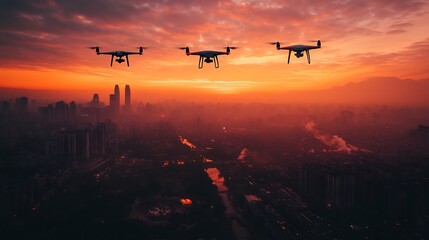 Three drones soar gracefully above a hazy city at sunset vivid orange hues dominate the dramatic sky. AI Generated