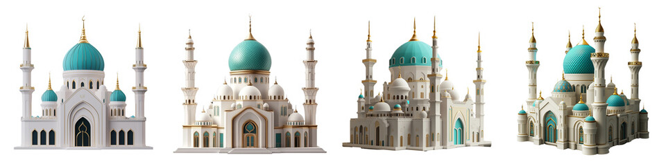 Obraz premium set of a mosque with white walls and domes isolated on a transparent background