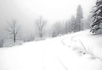 Obraz premium Winter Wonderland Path Through Snowy Forest. A tranquil winter scene showcasing a winding path through a snowy forest