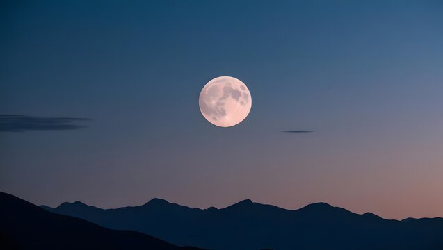 serene evening landscape featuring full moon illuminating mountains under twilight sky. tranquil scene evokes sense of calm and wonder - Powered by Adobe