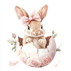 Adorable baby rabbit with a pink bow emerging from a cracked pastel pink eggshell surrounded by soft roses and delicate foliage on a white background, concept of children's products, greeting cards