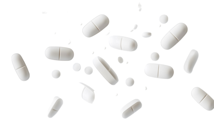Flying white pills on a transparent background. isolated background.