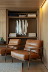 Modern lounge area featuring stylish chairs and organized shelves with linens