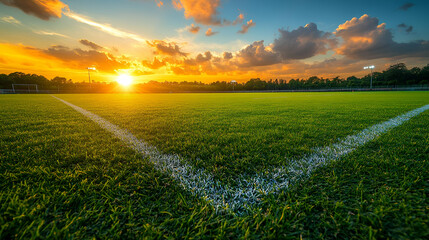 Sunset soccer field, corner lines, game prep