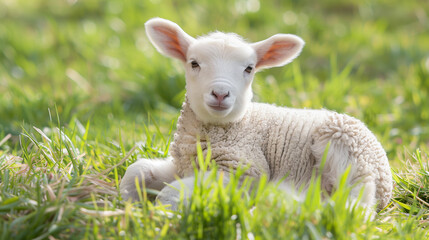 Fototapeta premium A charming lamb lying comfortably in the grass, surrounded by nature, evoking a sense of peace and innocence