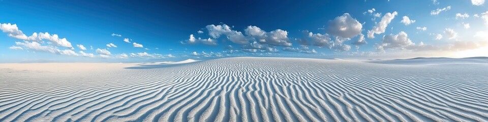 Naklejka na ściany i meble Vast White Sandscape: Striking patterns etched across a boundless expanse of white sand dunes under a vibrant blue sky dotted with fluffy clouds, creating a mesmerizing dreamscape. 