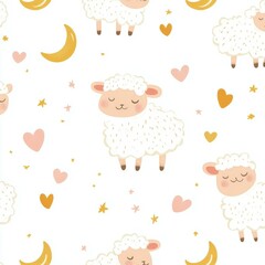 Naklejka premium Cute sheep pattern with decorative stars and hearts for children's decor