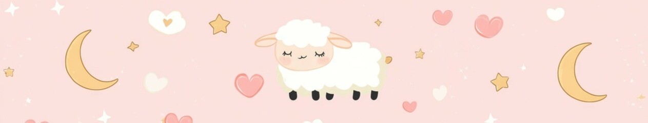 Naklejka premium Cute cartoon sheep with stars and hearts on a pastel pink background