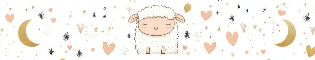 Naklejka premium Cute cartoon sheep with stars and hearts in a whimsical pattern