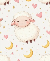 Naklejka premium Cute cartoon sheep with hearts and moons on a pastel background