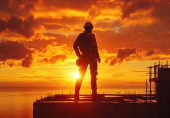 Fototapeta premium Worker on Construction Site at Sunset, Silhouette against Vibrant Sky, Captivating View of Industry and Natural Beauty, Inspiring Determination and Hard Work
