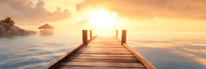 Stunning tropical scene featuring overwater bungalows connected by a wooden boardwalk at sunset. Surrounded by calm blue waters, lush greenery, and vibrant skies. Ideal for travel, vacation