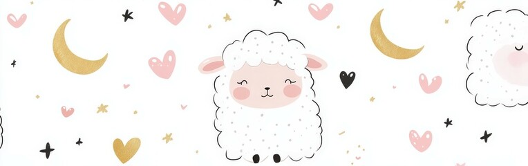 Fototapeta premium Cute sheep pattern with stars and hearts on a light background