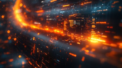 Obraz premium Abstract Digital Data Stream: Orange and Black Futuristic Technology Background