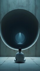 A lone figure, seated in a meditative pose, wearing a light grey, is centered before a massive circular opening in a concrete wall
