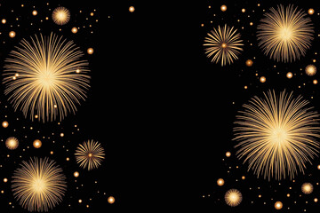 Naklejka premium Fireworks in golden yellow and beige exploding on a dark black background