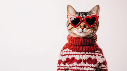 A cute cat wearing heart-shaped sunglasses and a red sweater against a white background, a funny animal Valentine's Day concept