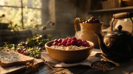 A rustic breakfast setup with a bowl of oatmeal, fresh berries, and a pot of coffee