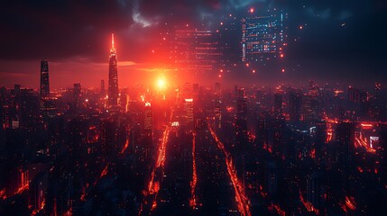 Obraz premium Cityscape sunrise, digital data streams, futuristic, red glow
