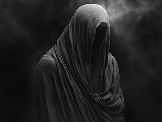 Mysterious figure shrouded in darkness and smoke in a dimly lit setting