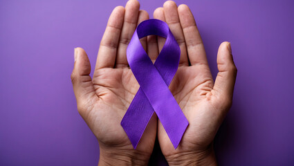 Adult hands holding purple ribbon, world cancer day, Alzheimer's disease, Pancreatic cancer, Epilepsy awareness