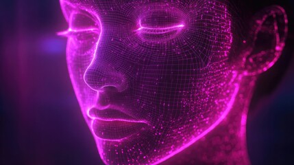 Glowing digital face radiates vibrant pink hues, showcasing intr